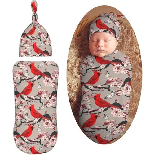 Bird Blooming Cherry Newborn Swaddle Blankets Hat Sets Soft Baby Receiving Blanket Swaddle Sack for Baby Shower Infant Boy Girl Gift