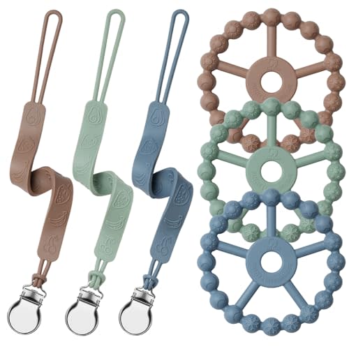 Silicone Ring Teether and Pacifier Clip, Seposeve Pack of 3 Baby Pacifier Teether Clip for Babies 0-6 Months, Teething Ring Toys, Keeps Teethers Clean, 6-12 Months 12-24 Months, Brown Green Blue