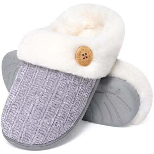Evshine Warm Knit House Slippers for Women Comfy Wool-Like Lined Chenille Slippers with Memory Foam and Indoor Outdoor Soles