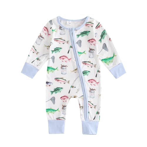 MOLZULAMS Newborn Baby Girl Boy Clothes Fishing Long Sleeve Bubble Romper Zip Up Jumpsuit One Piece Cute Fall Winter Outfit