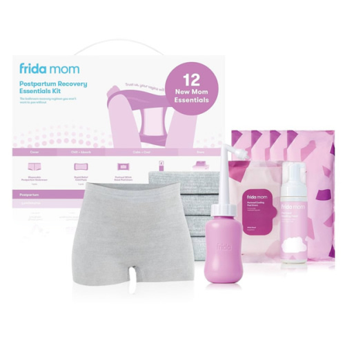 Frida Mom 11pc Postpartum Essentials Kit Gift Set, Hospital Bag Must Haves for New Mom, Includes 4 Disposable Postpartum Underwear, 4 Ice Maxi Pads, Perineal Healing Foam & 24 Pad Liners & Peri Bottle
