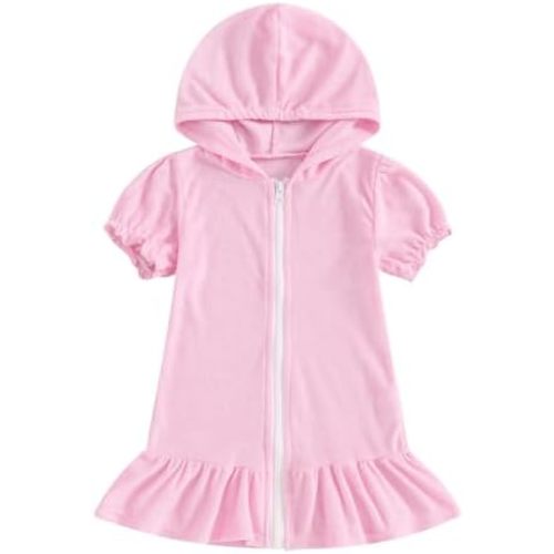 Girls Hooded Terry Cover Up Swimsuit Zipper Swim Dress Short Sleeve Ruffle Coverups Bathing Suit Swimwear
