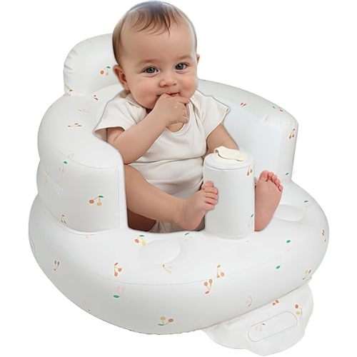 Inflatable Baby Seat for Babies 3 Months & Up, Baby Floor Seats for Sitting Up, Baby Seats for Infants, Blow Up Baby Chair with Built in Air Pump - Cherries