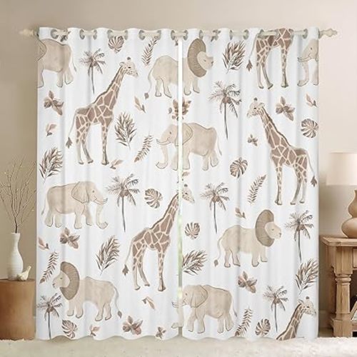 Jungle Animals Window Curtains for Bedroom Elephant Lion Giraffe Animal 30%-50% Blackout Darkening Drapes Kids Boys Hunter Brown Rust Wildlife African Safari Window Treatments, 2 Panels 52 x 84 Inch