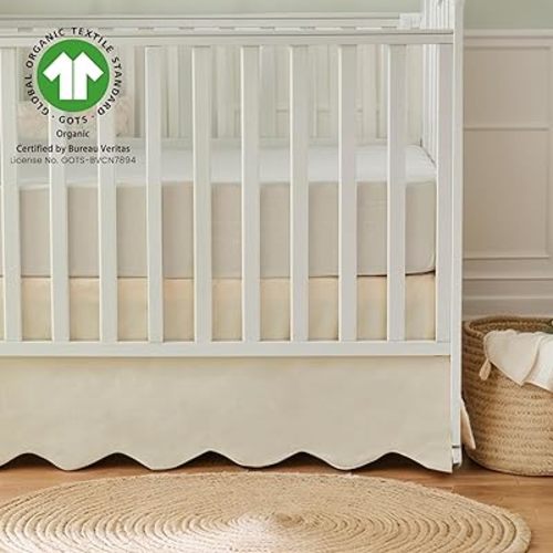 Brandream Scallop Edge Cotton Crib Skirt Toddler Bedskirt Baby Nursery Crib Bed Skirt Boho Bohemian Neutral Solid Color Vintage Ivory Cream Off Farmhouse Chic Boho Bohemian Skirt