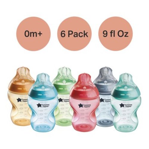 Tommee Tippee Anti-Colic Silicone Baby Bottles, 9oz, 0 month+, Natural Latch, Self-Sterilizing, Fiesta, Pack of 6