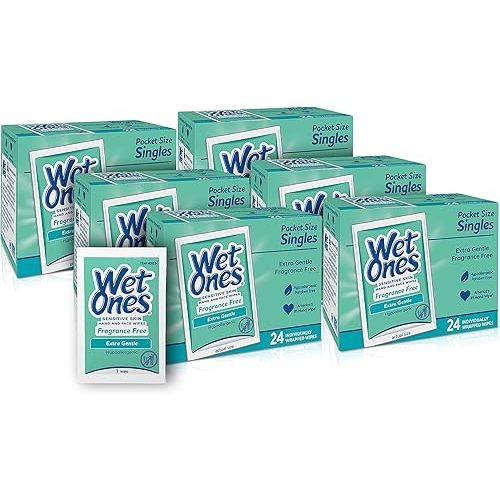 Wet Ones Hand and Face Wipes Singles, Unscented Wipes for Sensitive Skin | Individual Wipes, Hand Wipes Individually Wrapped | 24 ct. (6 pack)