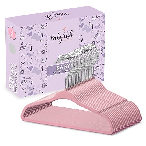 Babyrish Baby Hangers for Closet - Cute Yet Sturdy Baby Clothes Hangers for Newborns, Toddlers and Kids - Space Saving, Non Slip Kids Hangers for Nursery - Pack of 20 Pink Velvet Hangers (20, Pink)