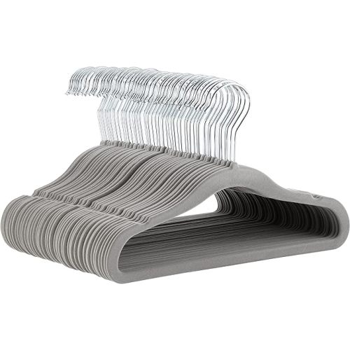 Amazon Basics Kids Velvet, Non-Slip Clothes Hangers for Infant and Toddler, 11.6 inches (for baby clothes), Pack of 50, Gray