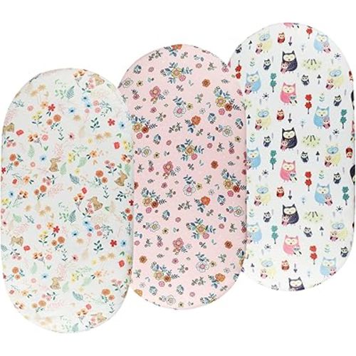 Bassinet Sheets Set 3 Pack for Baby Girl, Stretchy Soft Jersey Knitted Fitted Sheet Universal for Oval Rectangle and Hourglass Bassinet Mattress, Flower, Rabbit and Owl Printing