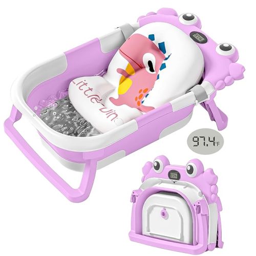 Collapsible Baby Bathtub for Newborns with Thermometer and Soft Floating Cushion Portable and Foldable Travel Baby Girl Bath Tub for Infants to Toddler 0-36 Month (Pink)