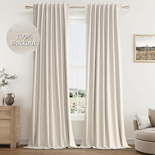 Guken Greyish Beige Linen Blackout Curtains 96 Inch Length 2 Panels Set for Living Room Bedroom Back Tab Thermal Insulated 100% Black Out Linen Drapes Room Darkening Window Curtains 96 Inches Long