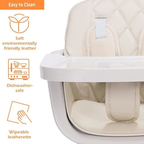 3-in-1 Convertible Wooden High Chair,Baby High Chair with Adjustable Legs & Dishwasher Safe Tray, Made of Sleek Hardwood & Premium Leatherette, Beige Color
