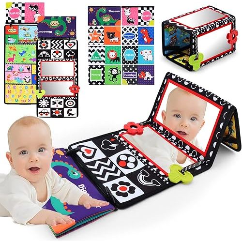 Tummy Time Floor Mirror with Crinkle Cloth Book and Teethers, Double-sided Baby Mirror Black and White High Contrast Baby Toys, Folding Crawling Activity Mat for Infants 3 6 12 Months (B-Mirror+Book)