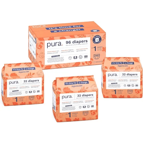 Pura Size 1 Eco-Friendly Diapers (4-11lbs) Totally Chlorine Free (TCF), Hypoallergenic, Soft Organic Cotton Comfort, Sustainable, Wetness Indicator, Allergy UK, 3 Packs of 32 (96 Baby Diapers)