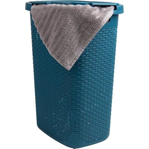 Mind Reader 60L Slim Laundry Hamper, Clothes Basket, Lid, Wicker Design, Plastic, 17.65"L x 13.75"W x 24.15"H, Blue