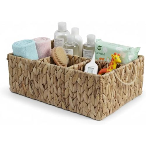 Storage Basket with Handles, Water Hyacinth Storage Baskets, Wicker Diaper Caddy, Basket with dividers, Countertop Organizer for Bathroom, Living Room, Home(15.75*11.03*5.52 inches)