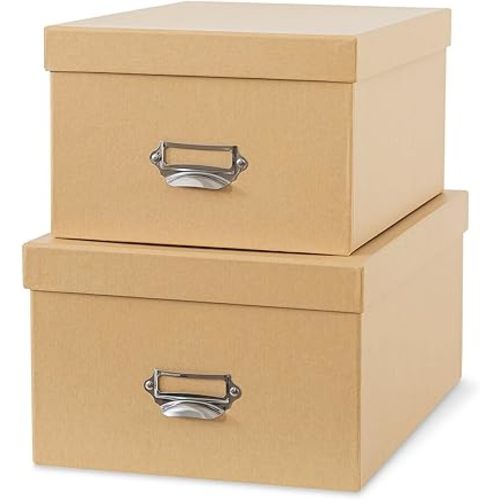 Soul & Lane Kraft Decorative Cardboard Storage Boxes with Lids, Set of 2 Stacking Keepsake Photo and Memory Boxes for Home & Office, Elegant Paperboard Organizers with Label Holders and Drawer Pulls