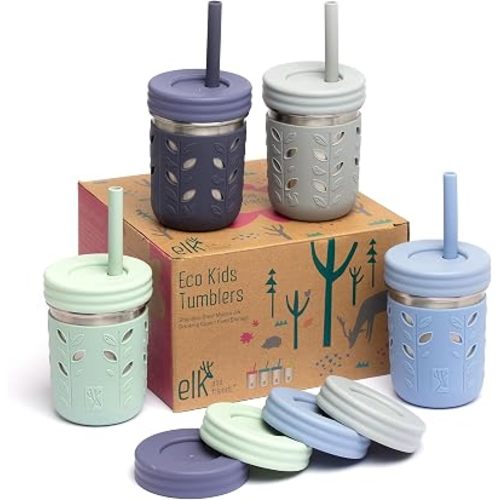 Elk and Friends Kids 10oz Stainless Steel Mason Jars + Sleeves + Lids | 4pk
