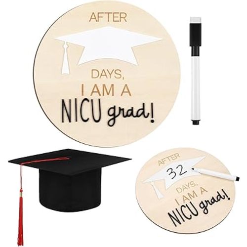 Dunzoom 3 Pcs NICU Graduate Sign Wooden Round Days Counter with Cap Marker