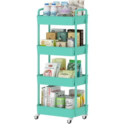 Sywhitta 4-Tier Plastic Rolling Utility Cart with Handle, Multi-Functional Storage Trolley for Office, Living Room, Kitchen, Movable Storage Organizer with Wheels, Green