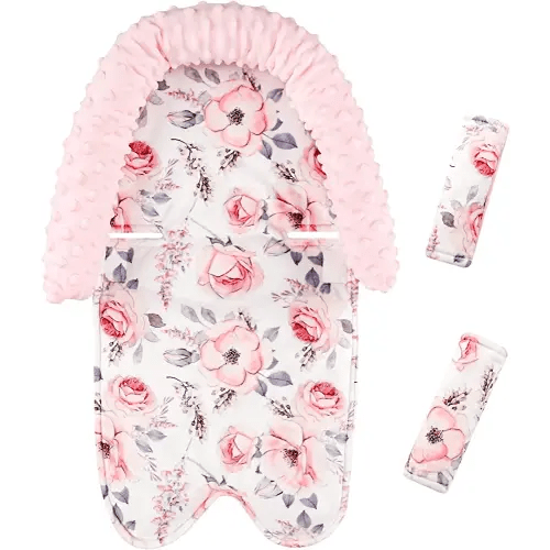 Baby Head Support and Strap Cover for Car Seat, Minky Infant Carseat Headrest for Girls, Newborn Car Seat Insert Cushion for Strollers, Pink Floral
