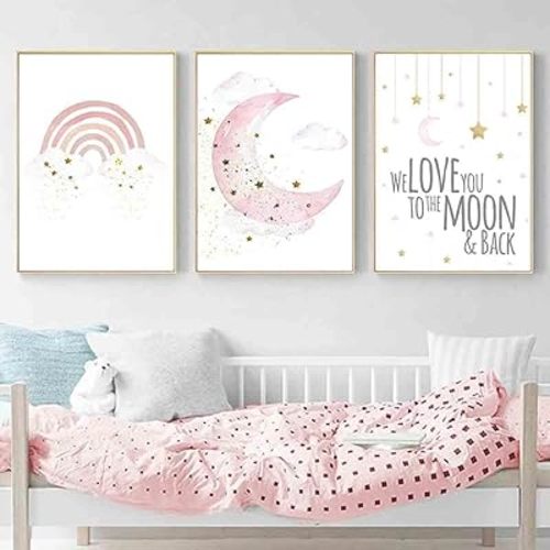 Pink Rainbow Wall Art Rainbow Picture Pink Moon Painting Pink Moon Pictures Cloud Canvas Wall Art Nursery Cartoon Rainbow Picture Nursery Classroom Posters Girl Kids Room Decor 16x24inchx3pcs No Frame