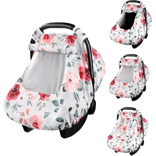Floral Car Seat Covers for Babies, Kick-Proof Infant Car Seat Cover, Windproof Baby Carseat Cover Girls, Car Seat Canopy with Breathable Mesh Peep Window, Rose Flower