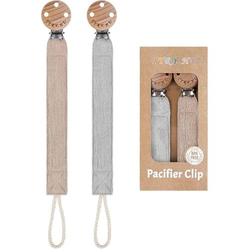 TYRY.HU Ribbon Pacifier Clip Holder,2 Pack Binky Paci Holder Clips, Pacifier Leash for Baby Boys and Girls, Soft Webbing Strap Universal Fits for Most Pacifier, Styles & Teethers Toys(Khaki,Grey)