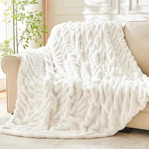 BEDELITE Faux Fur Throw Blanket for Couch, Soft and Cozy Boho Ruched Fluffy Blanket, Warm Plush Fuzzy Faux Rabbit Fur Blanket for Women Gift (Cream, 50"x 60")