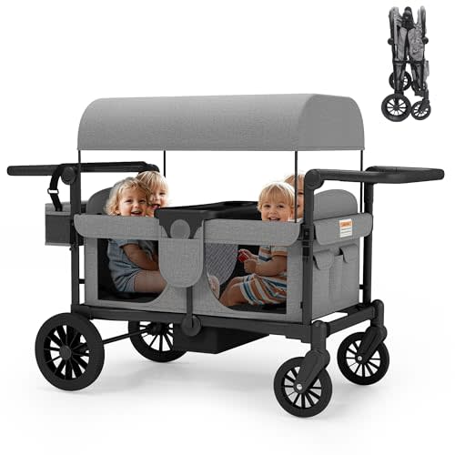 TOLEAD Wagon Stroller for 4 Kids, Foldable 4 Seats Outdoor Stroller Wagon with Canopy, Adjustable Handlebars, 5-Point Safety Harness, Detachable Tray, Portable Bag (Grey)