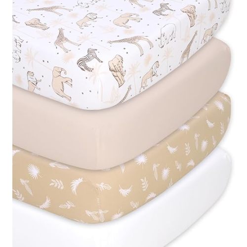 The Peanutshell 4-Pack Organic Fitted Crib Sheet Set - Soft & Breathable Baby Girl or Boy Crib Sheets, 100% Jersey Cotton Nursery Decor, Fit for Standard Mattress Cover- Caramel Safari