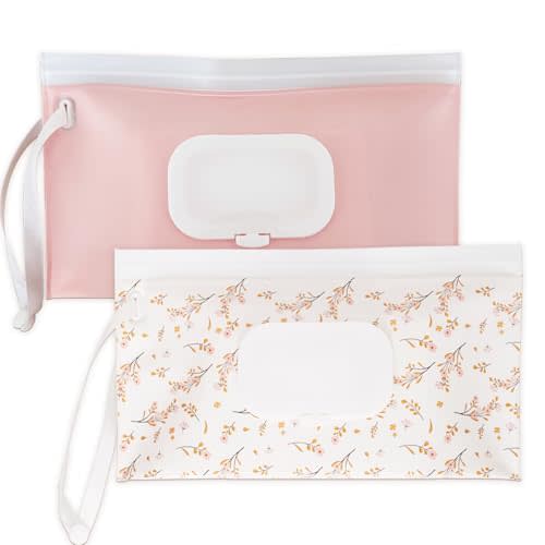 eoscasely Wipe Dispenser and Wipes Container, 2 Pack Reusable Wipes Holder and Travel Wipes Case, Refillable Pouch for Baby Essentials, Pink & Leaf Design (pink)