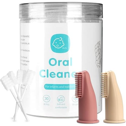 Baby Tongue Cleaner Toothbrush 30Pcs Disposable Infant Tooth Brush Clean Baby Mouth with 2Pcs Finger Toothbrush Oral Cleaning Stick Gauze Cleaner Stick Dental (Beige, 32 Piece Assortment)