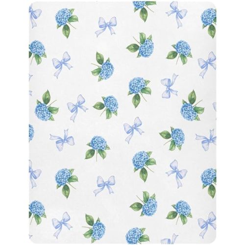 Baby Crib Sheets for Boys Girls Blue Bows Flower Hydrangea Fitted Playard Sheet Soft Baby Sheet for Standard Crib and Toddler Mattress M