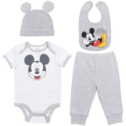 Disney Mickey Mouse Newborn Baby Boys Bodysuit Pants Bib and Hat 4 Piece Outfit Set Baby Blue 3-6 Months