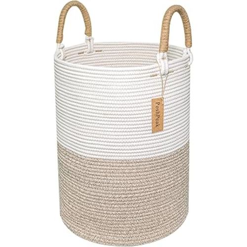 Cotton Rope Laundry Basket with handle, Tall Woven Storage Basket for Blankets, Wicker Laundry Basket, Baby Clothes Hamper, Dirty Clothes, Blanket Basket for Living Room, Bedroom - 56L White & Brown