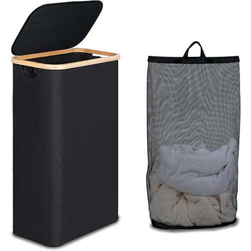 Slim Laundry Basket with Lid, Narrow Laundry Hamper with Removable Bag, Skinny Dirty Clothes Basket with Bamboo Handles for Bathroom, Bedroom & Laundry Room, 75L Black