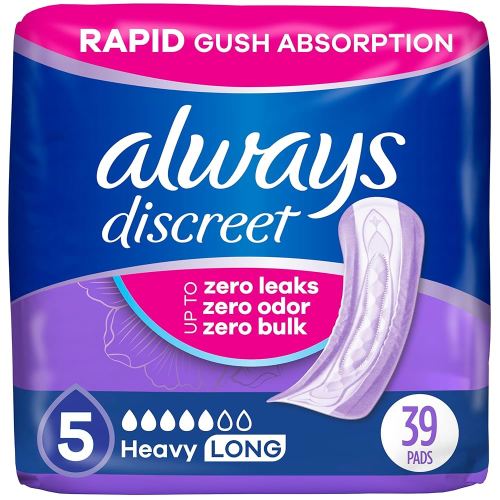 Always Discreet Adult Incontinence Pads for Women, Heavy Absorbency, Long Length, Postpartum Pads, Up to 100% Bladder Leak Protection, 39 Count (Packaging May Vary)
