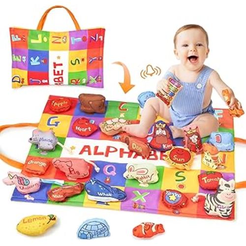 Baby Alphabet Sensory Toy with 26 Objects - Rattle, Crinkle Paper, Different Textures, Montessori Toys for 6-12 Months, Homeschool Activity Set for 1-3 - Travel Toys with Organizer Bag