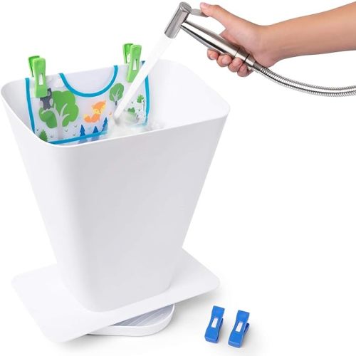 Cloth Diaper Sprayer Splatter Shield- Hands-Free Washing Bucket for Dirty Cloth Diapers for Babies, Clothing, Shoes- Nursery Essentials, Portable for Messy Nappy Toilet Spray Bucket Pail