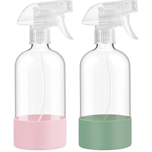 cloth wipes spray bottles Glass Spray Bottles with Silicone Sleeve Protection, 16 oz Empty Refillable Containers, Reusable Spray Bottles with Adjustable Nozzle for Hair, Cleaning Solutions,Plants , 2 Pack Olive Green&Pink