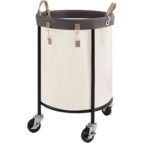StorageWorks 120L Rolling Laundry Basket, Clothes Hamper with Wheels, Round Clothing Cart with Steel Frame and Removable Bag, 4 Casters and 2 Brakes, Beige, 1-Pack