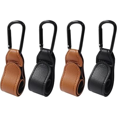 4 Pcs Stroller Hooks for Diaper Bag - Durable Leather Stroller Straps Diaper Bag Hooks - Stroller Clips for Stroller Wheelchair Shopping Carts - Black + Brown