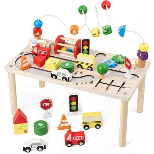 Activity Table for 1+ Year Old, Montessori Wooden Toys for Toddlers 1-3, 8 in 1 Baby Activity Table, Educational Sensory Bead Maze Toys for Babies, Learning Shape Sorter, Birthday Gifts Girls Boys