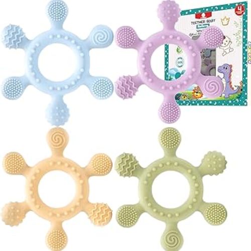 Baby Rudder Teether 4 Pack | 6 Teeth Contact Points Silicone Teether Toy for Baby, Reaches Front, Back, and All New Teeth Types, Easy to Hold, BPA-Free (Baby-4 Pack)