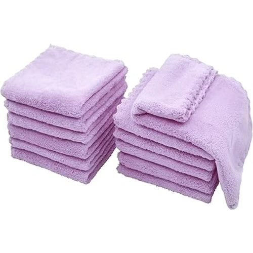 Kyapoo Baby Washcloths 12 Pack 12x12 Inches Microfiber Coral Fleece Extra Absorbent and Soft for Newborns, Infants and Toddlers-Purple