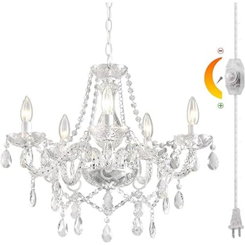 HOXIYA DIMMABLE Plug-in Glass Chandelier 5 Light Crystal, White Hanging Pendant Light Fixture with Cord, Classic Vintage K9 Crystals Beads for Girls' Room Dining Area Kitchen Island PRE-Wired