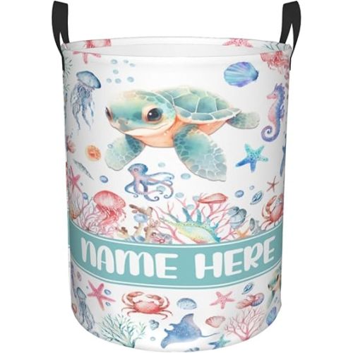 Custom Turtle Laundry Baskets, Personalized Turtle Gifts with Customized Name, Collapsible Laundry Hamper for Kids Adults Home Decoration,16.5 X 13.8in