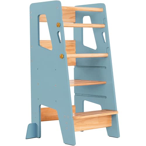 Toddler Standing Tower - Adjustable Height Toddler Kitchen Stool Helper - Ideal Kids Kitchen Step Stool for Learning New Skills - Updated Design with Safety Feet - Blue